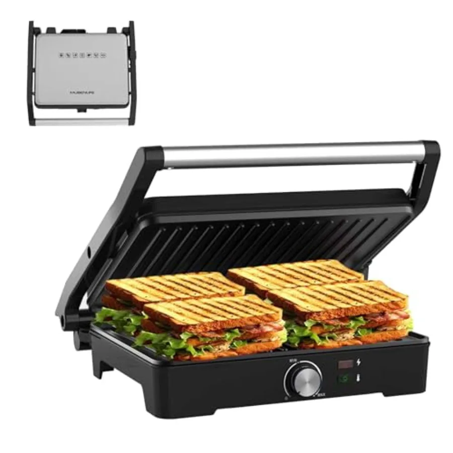 

Panini Press Sandwich Press Grill 180 Degree Open Non-Stick Table Grill Stainless Steel Temperature Adjustable 4 Slice Barbecue