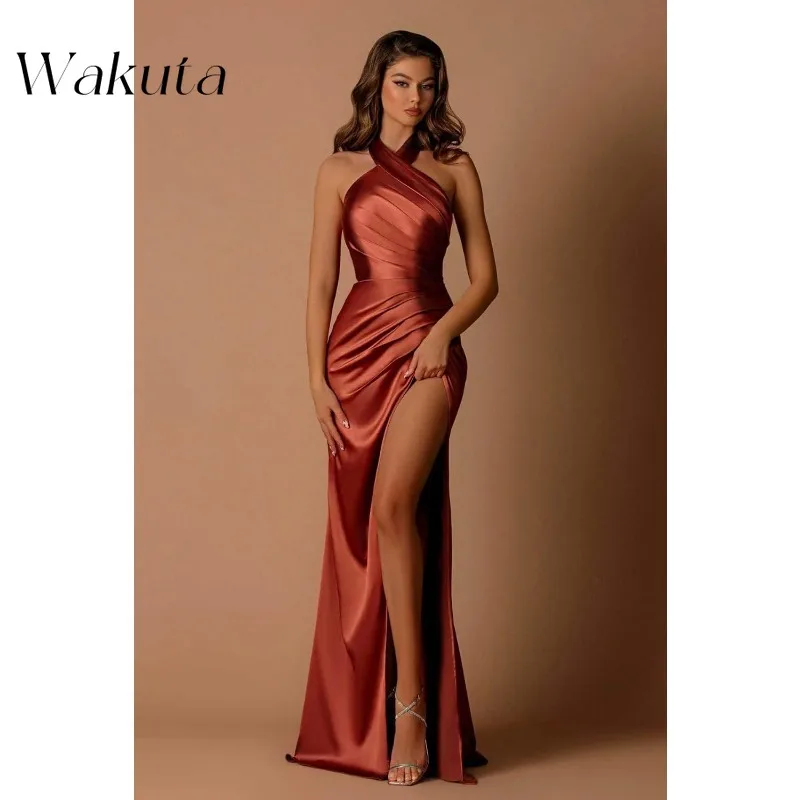 Wakuta Vintage Neck Strapless Simulated Silk Solid Robe Sexy Waist Slimming High Split Pleated Engagement Vestido Elegante Mujer