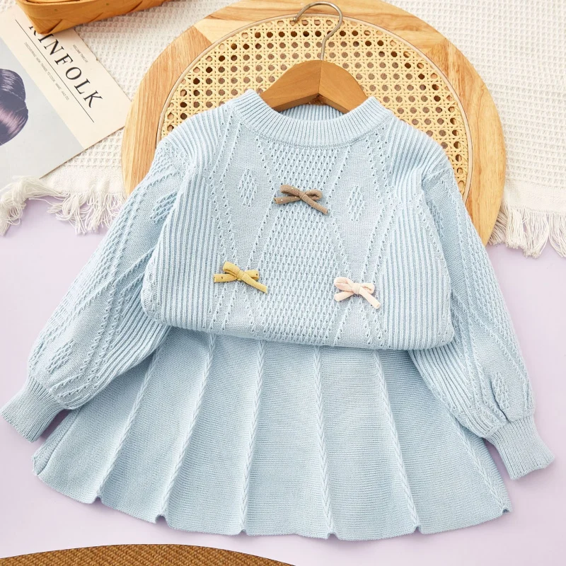 

Children's Set New Autumn Winter Girls Korean Style Knitted Sweater Bow Long Sleeve Pullover Top Skirt Two-Piece Set