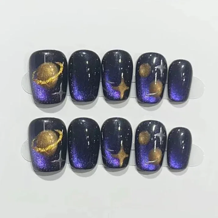 10Pcs Blue Handmade Cat Eye Press on Nails Short Gemstone Wearable Rhinestone False Nails Decoration Glitter Manicure Nail Tips