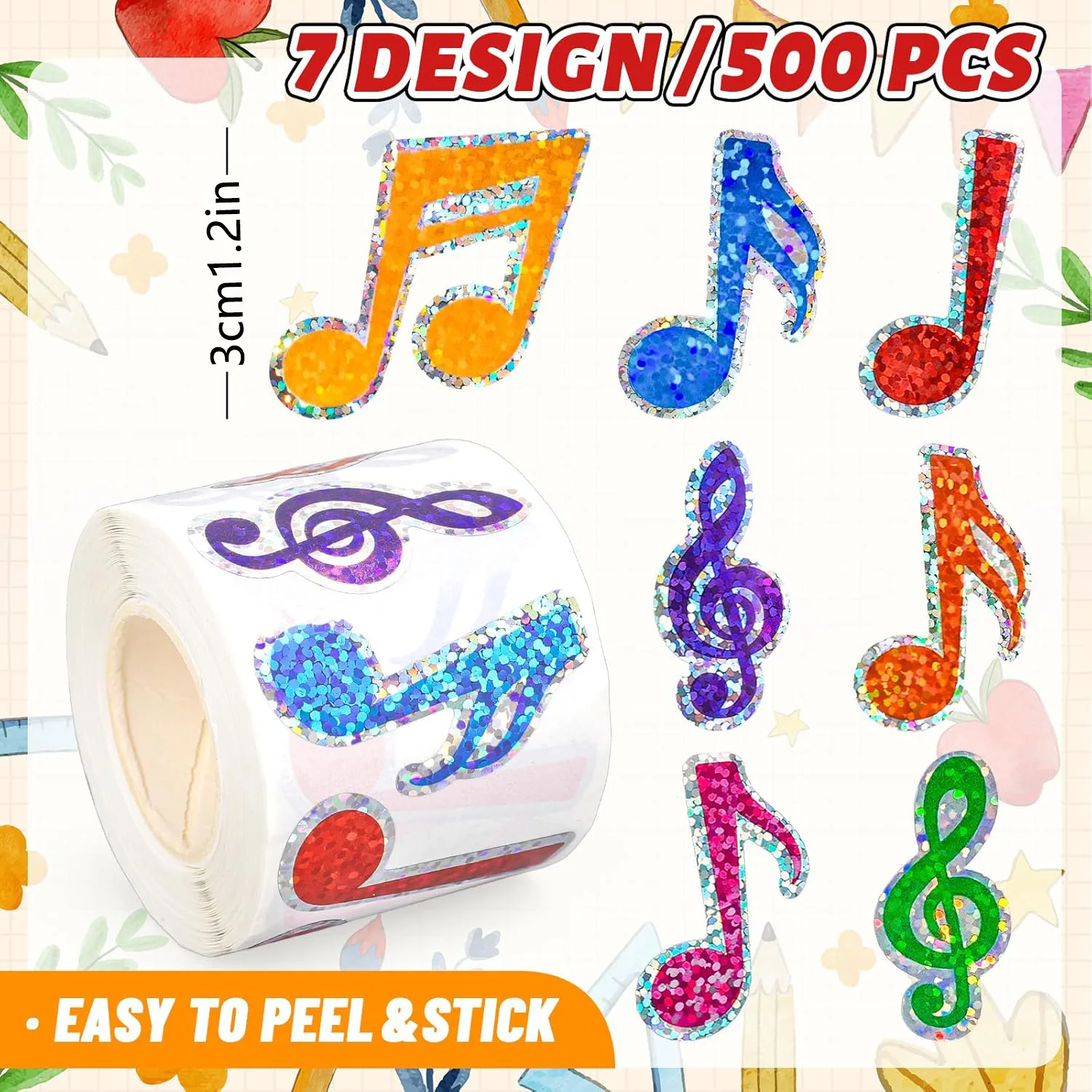 500 Pcs Colorful Musical Notes Stickers Roll Holographic Music Seal Stickers Waterproof Self-Adhesive Decals for Back to School