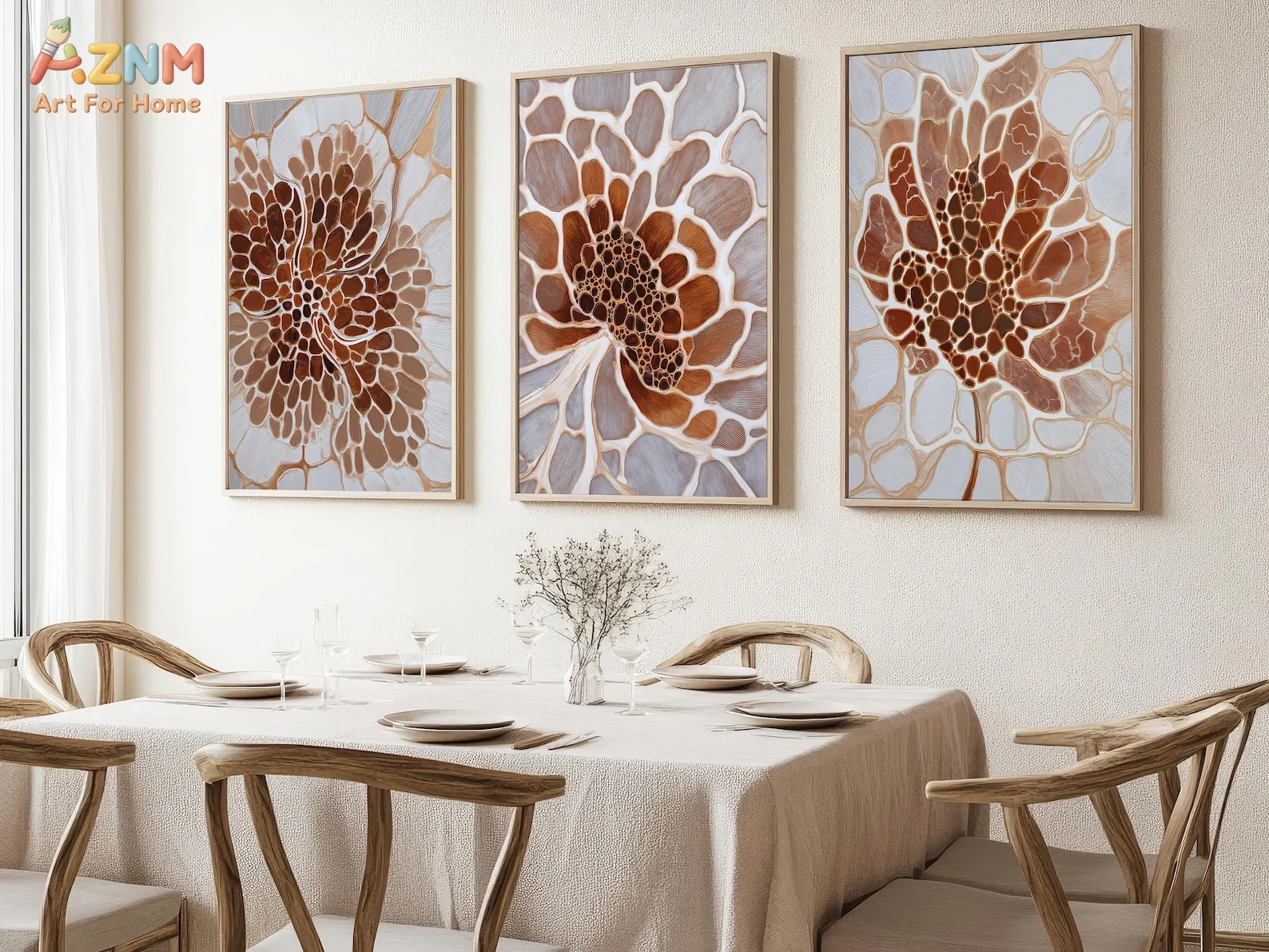Abstract Cellular Art Prints, Organic Patterns in Brown, White & Grey, Modern Gallery, Wall Set of 3