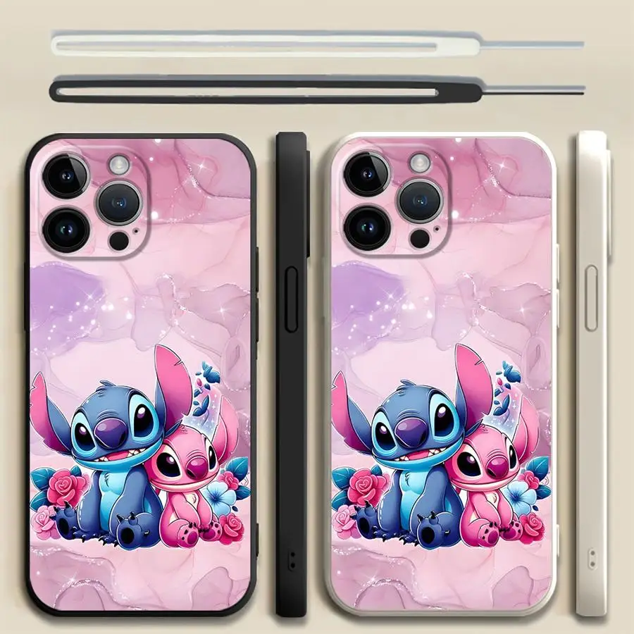 Funda suave de TPU para Apple iPhone 15 14 Pro 13 12 11 16 15Plus 16e 16Pro Max dibujos animados de Disney lindo Stitch y Ángel