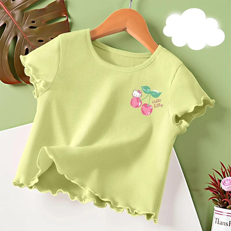 

Sanrio Hello Kitty Топы для девочек Летняя футболка с кружевными манжетами Мультфильм Kawaii Детская одежда для отдыха Мода Аниме Новый стиль Горячая одежда