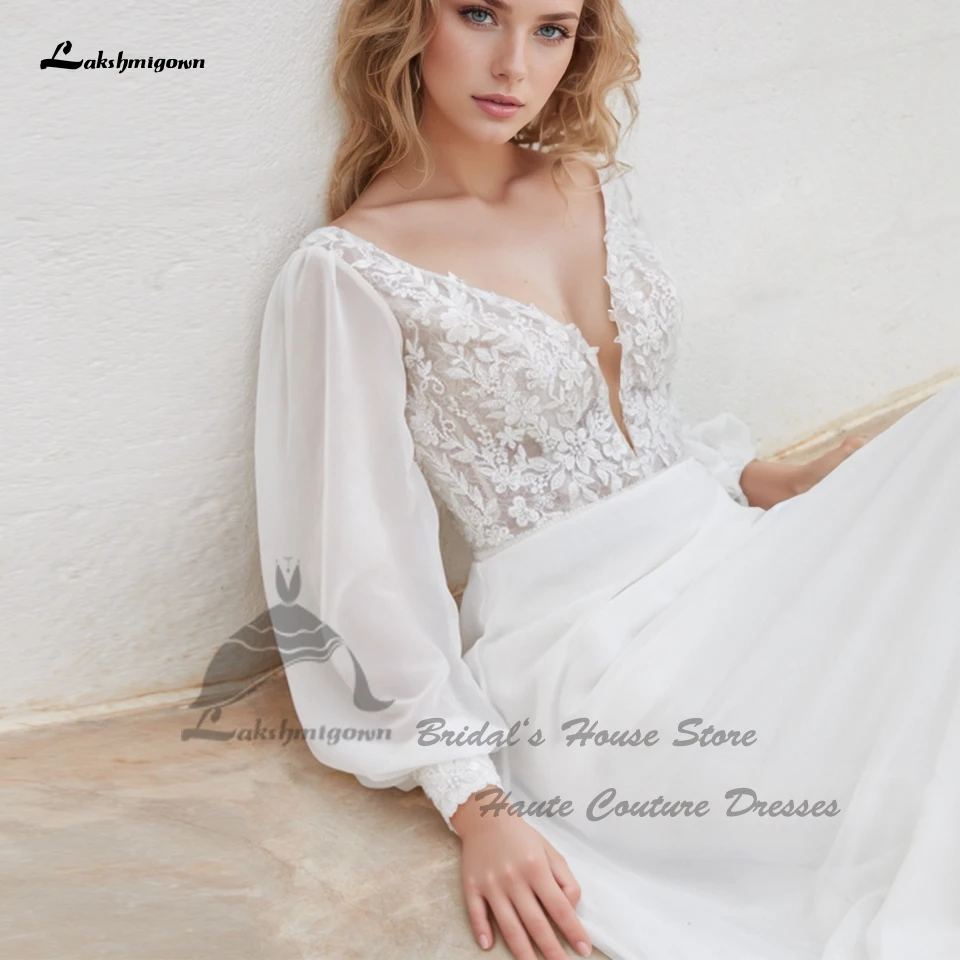 Lakshmigown Voluminöse Langarm-Strandhochzeitskleider 2026 V-Ausschnitt Sexy Chiffon Boho Brautkleider Maßanfertigung – Detail 3