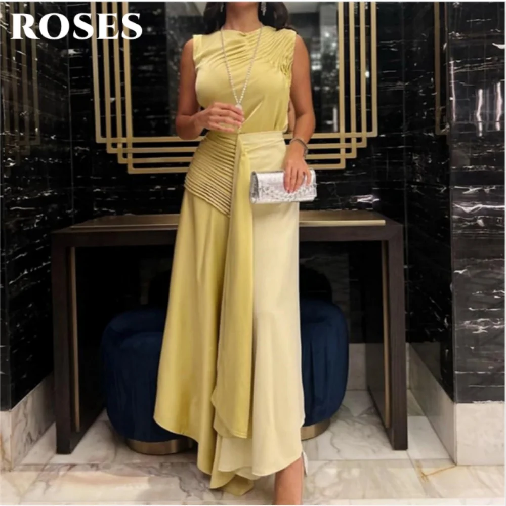 

ROSES Yellow Classic Prom Dress High Neck Sleeveless Navel Prom Gown Satin Pleating Ankle-Length Ball Gown for Woman Customized