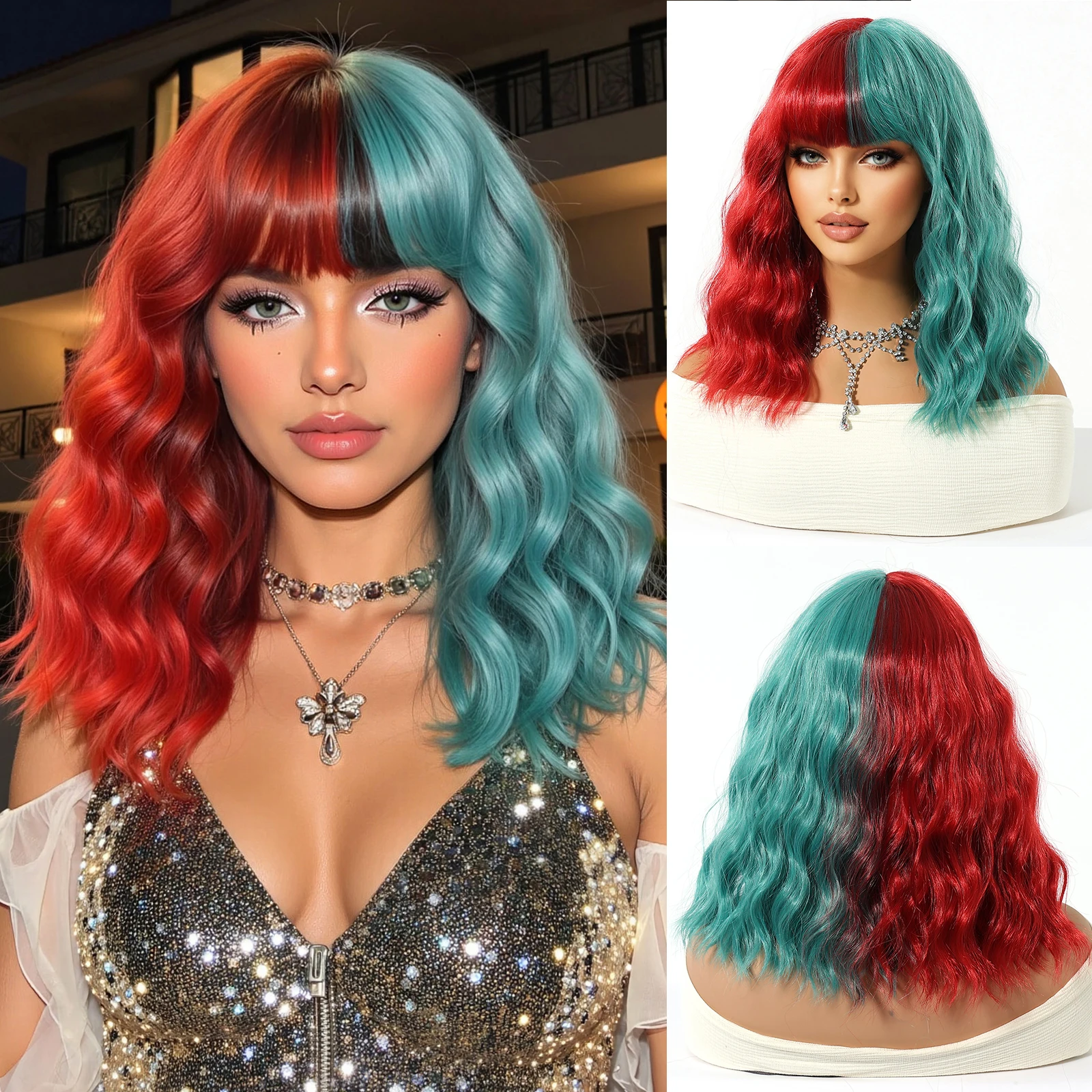 

ALAN EATON Short Half red and half Green Wave Synthetic Wig Wig for Women Daily Cosplay Fake Hair High Temperature Fiber Wig