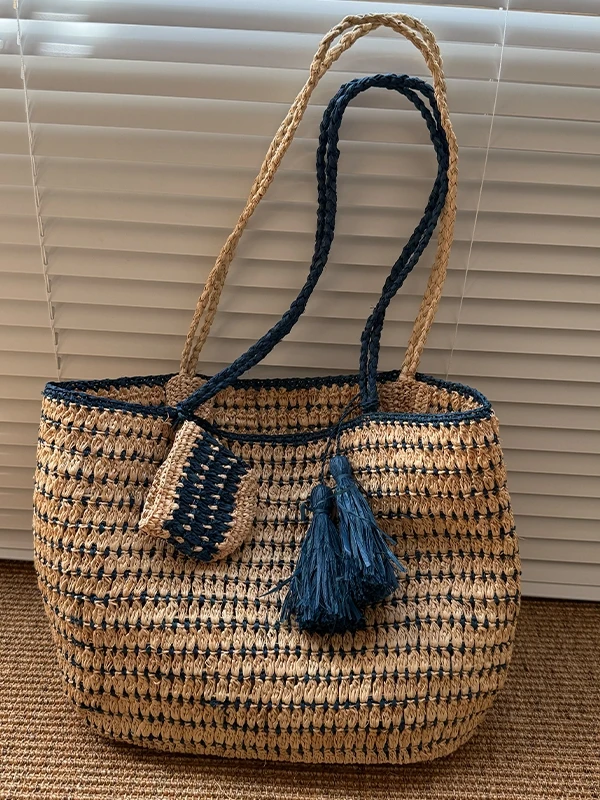 

Retro Bla d Woven oulder Bag Simple Large Capaci St Basket Beach Vaion Beach Sand Women's Bags Tote Handbags