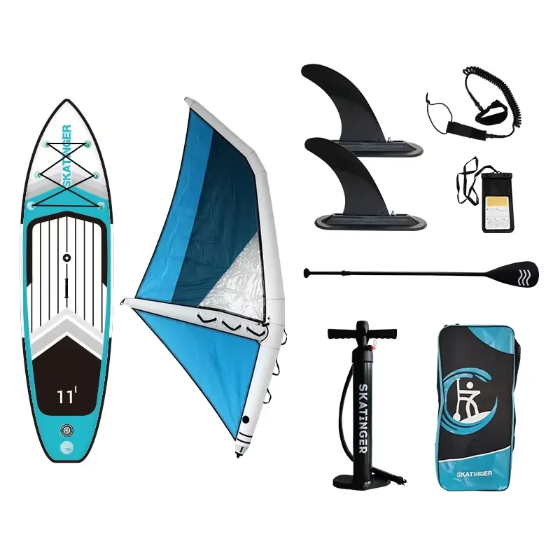 Skatinger Inflatable Windsurfing Board PVC Drop Stitch SUP Paddleboard with Fins Pump Backpack Unisex Water Sports Gear
