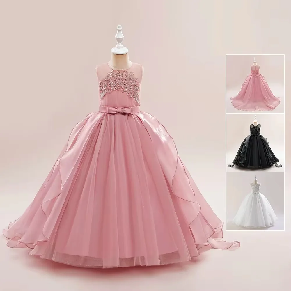 2024 Lace Flower Girls Dresses Tulle Sequins O Neck Long Girl Pageant Wedding Party Birthday Gowns Kids Dresses for Girls