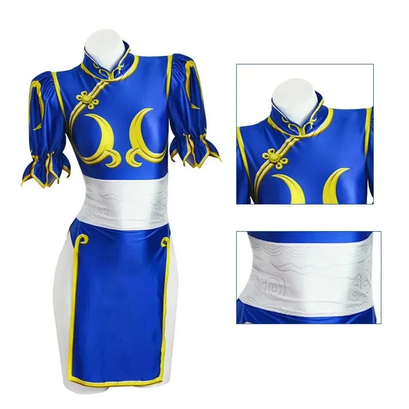 

a7d@Blue Qipao Chun Li Cosplay Dress Costume Game SF Chunli For Fun Anime Role Play Outfit Full Set Jackie Kung fu Halloween Par