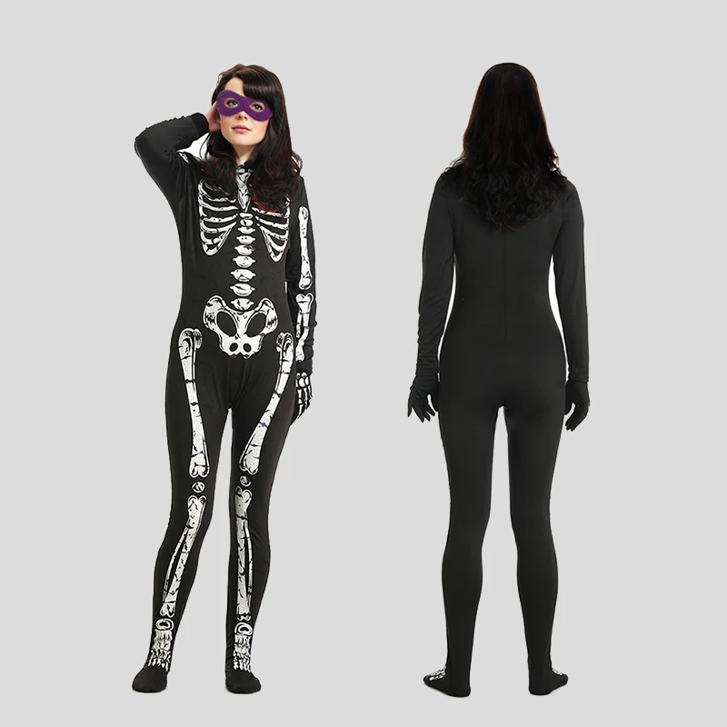 Women's Halloween cosplay party costume with bat skull pattern, back zipper jumpsuit, gloves, and eye accessories