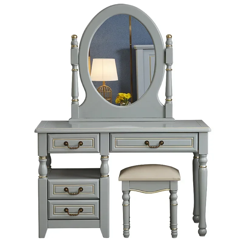 

American light luxury solid wood dresser, high-grade gray-painted gold furniture with mirror makeup table stool combination