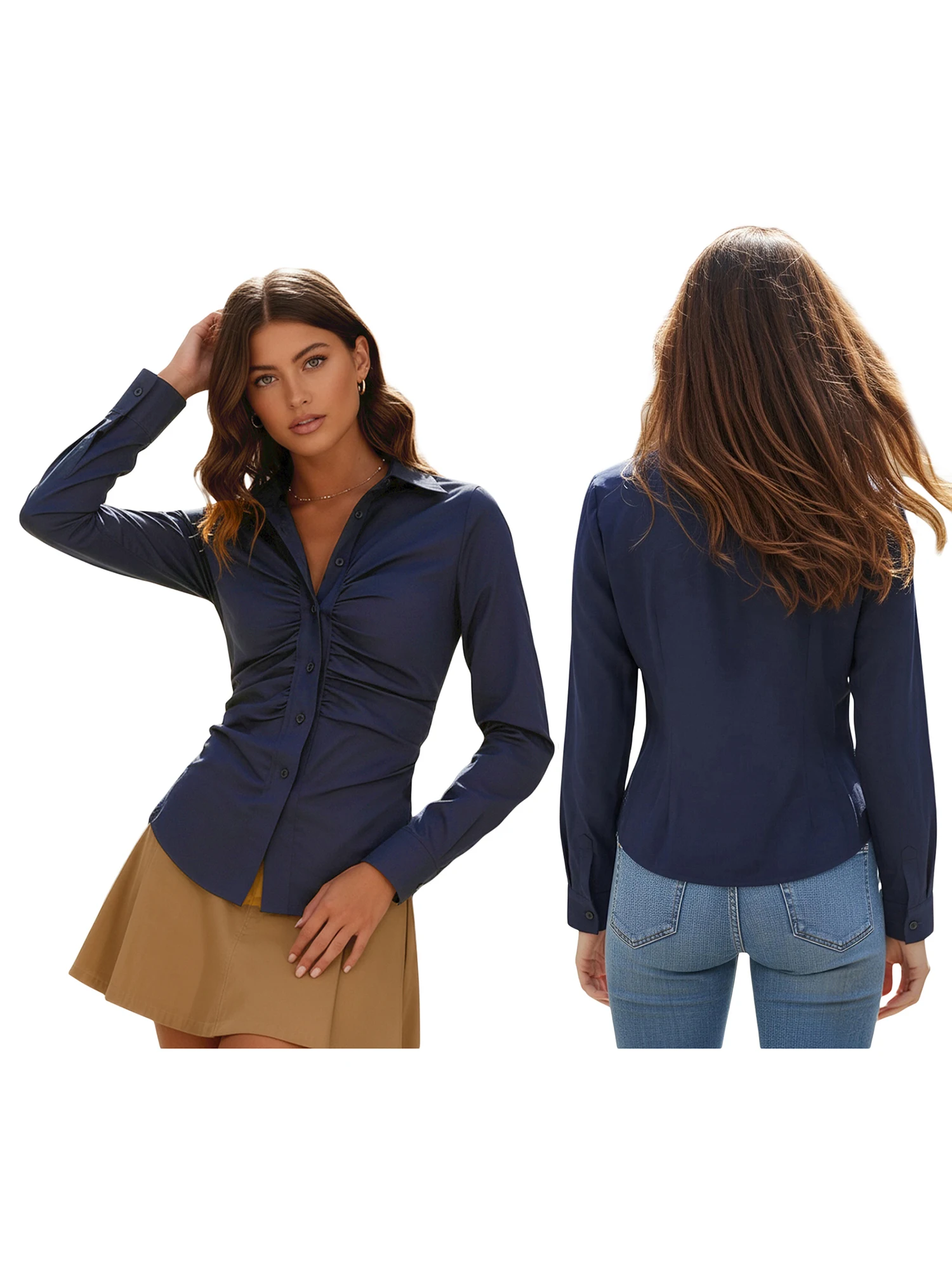 

Women s Long Sleeve Button-down Shirt with Pleated Detailing Solid Color Fit Elegant Blouse for Fall Stylish Tops