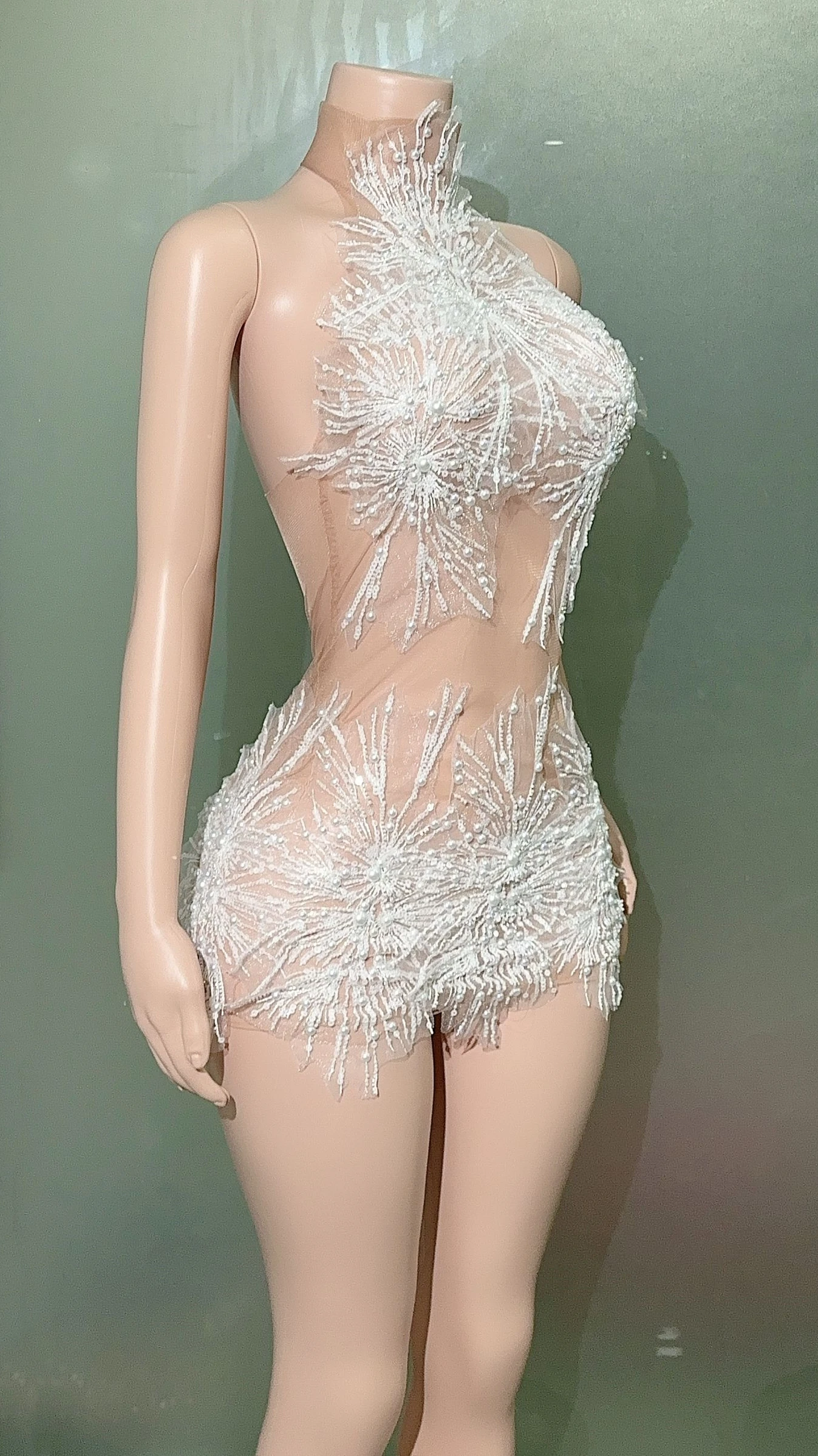 New Customized Tassels  Mesh lace Transparent High Elastic Short Sleeve Pearl Sexy Tight Party Dress  Stage Performance Dress