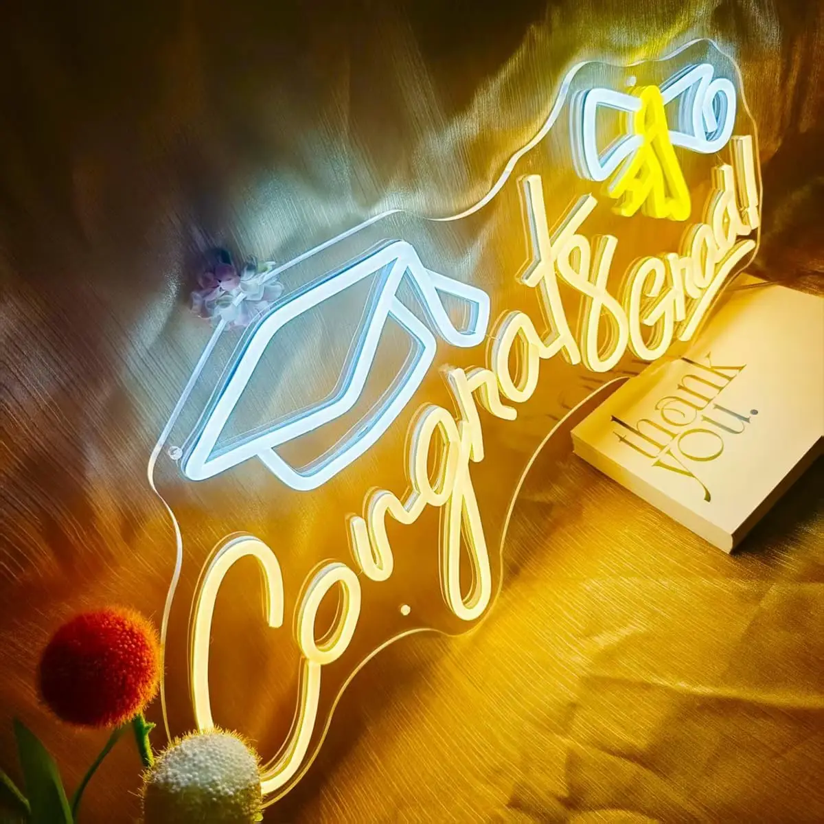 Congrats Grad Graduation Cap LED Neon Sign USB Powered Neon Light for Grad Party Dorm Bedroom Celebration Wall Art Decor Gift