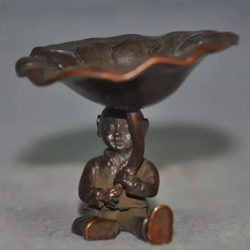 

2.4" Chinese bronze boy tongzi lotus leaf Candle Holder Candlestick statue