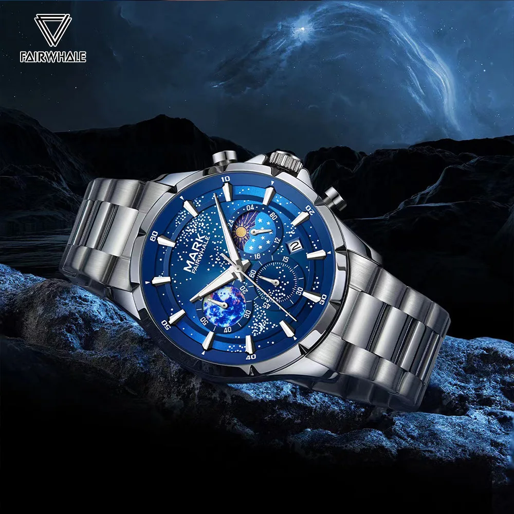 Mark Fairwhale Luxury Watch For Men Automatic Date Stainless Steel Clock Fashion Waterproof Phase Moon Quartz Wristwatches 2023