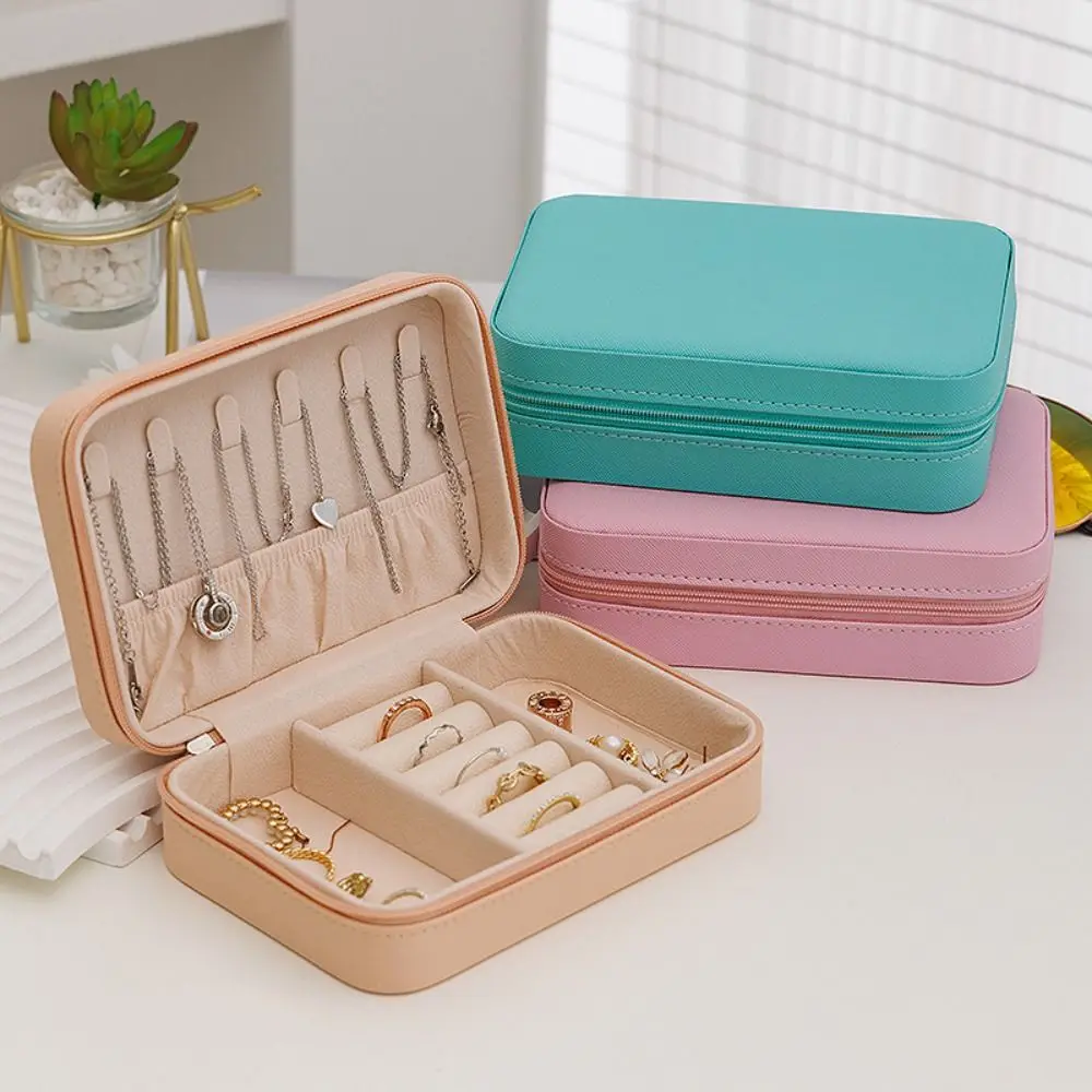 Leather Trinkets Storage Organizer Large Capacity Dustproof Portable Jewelry Organizer Solid Color Simple Jewelry Storage Case