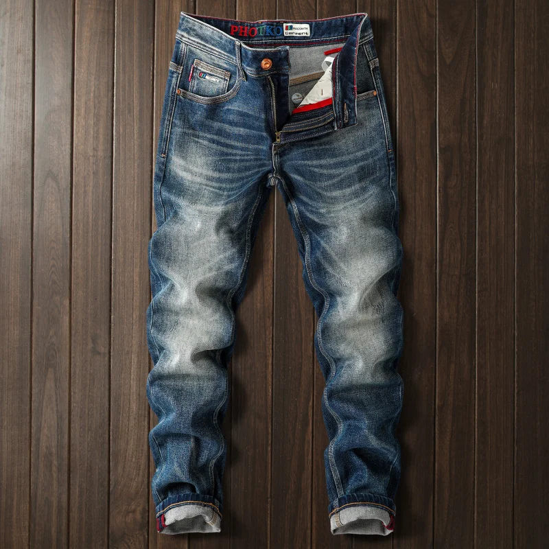 

2026 New Vintage Blue Faded Washed Jeans Men High-End Casual All-match Slim Fit Straight Denim Pants