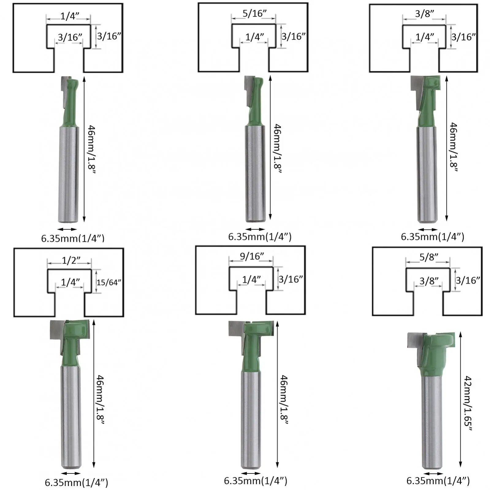 6pcs/set Keyhole Router Bits Set 1/4Inch Shank T Track Slotting Milling Cutters Set for Wood Hex Bolt