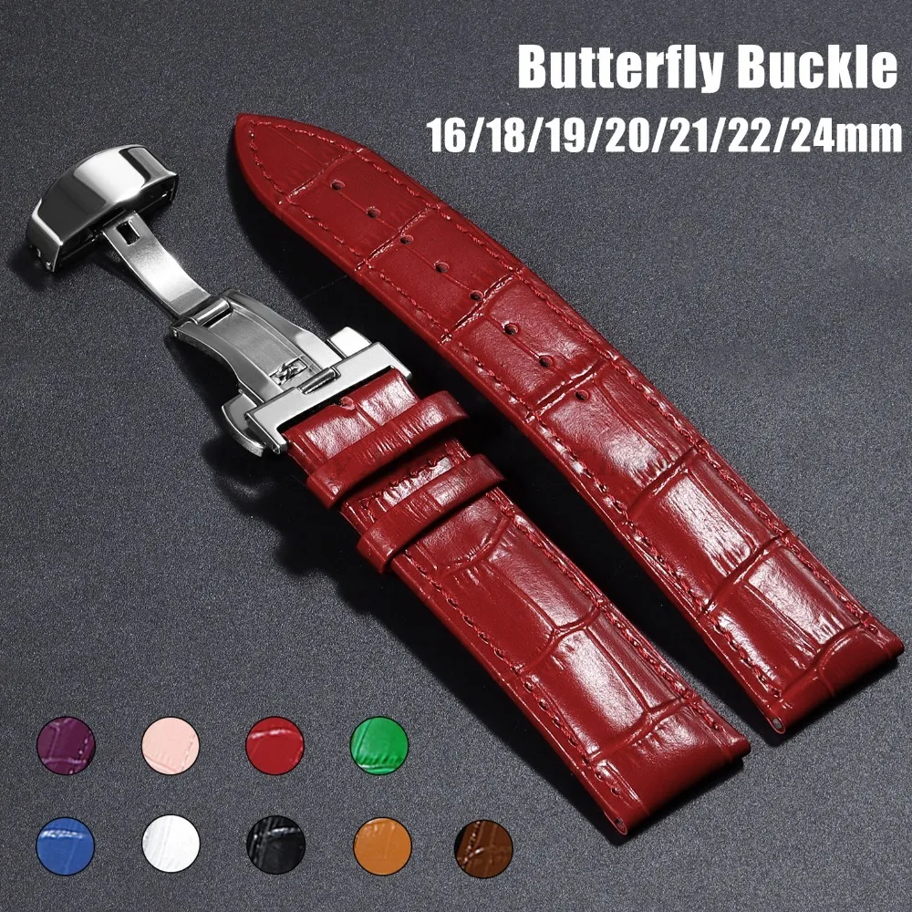 16mm 18mm 20mm 21mm 22mm 24mm Crocodile Pattern Straps for Omega Bracelet for Seiko Vintage Leather Watch Band Butterfly Buckle