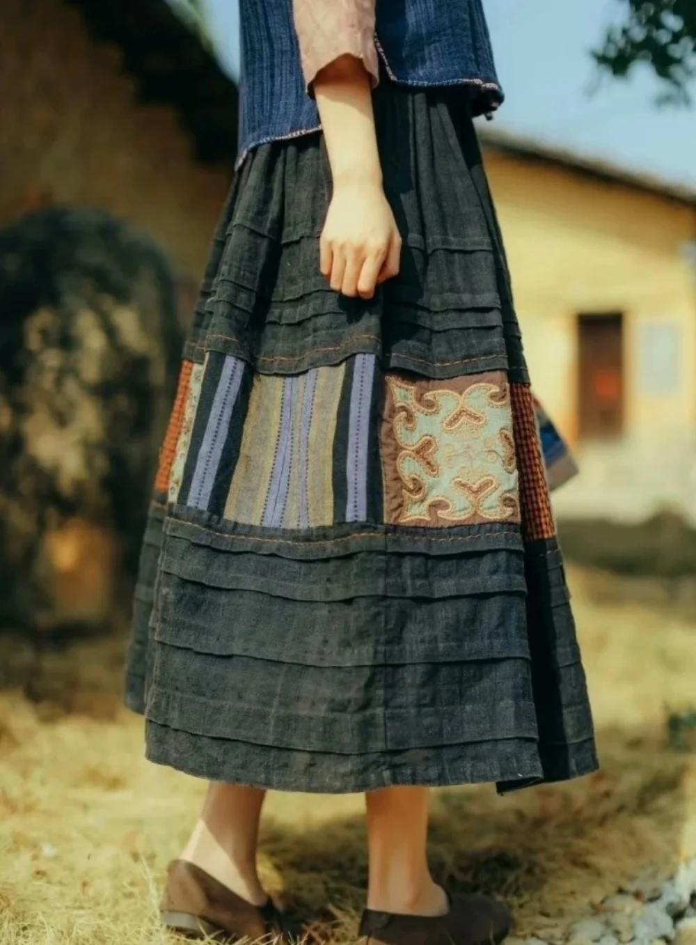 Vintage skirt National style embroidery patchwork cotton linen long Skirt Elastic waist A-LINE loose Umbrella skirt