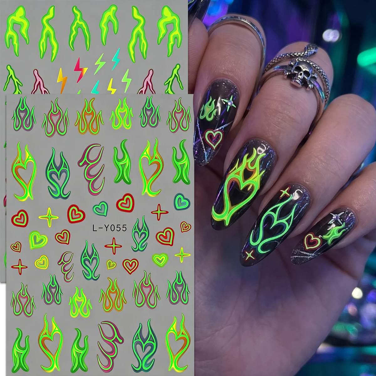 Luminous Nail Decals Glow in Dark Neon Flame Lightning Designs Y2K Cyberpunk Ornaments for Music Festival Nail Tech Supplies