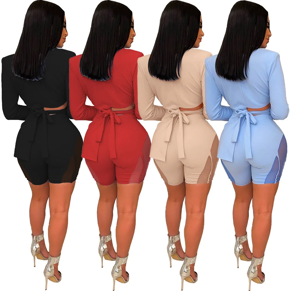 VOLALO Women Solid Blazer Suit 2 Piece Sets Notched Long Sleeve Lace Up Bandage Asymmetrical Top Sheer Mesh Patchwork Shorts