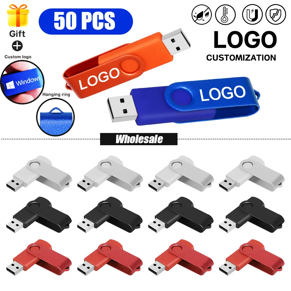 50 Pçs/lote USB Pen Drive USB Flash Drives 4GB 2GB 1GB Pendrive 64gb 32gb 16gb Metal U Disk 128GB Cle USB Livre Logotipo Personalizado memoria