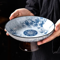 High Feet Ceramic Ceramic Plate Chinese Modern Blue and White Porcelain Snacks Dessert Plate Coffee Table Desktop Fruit Dishes