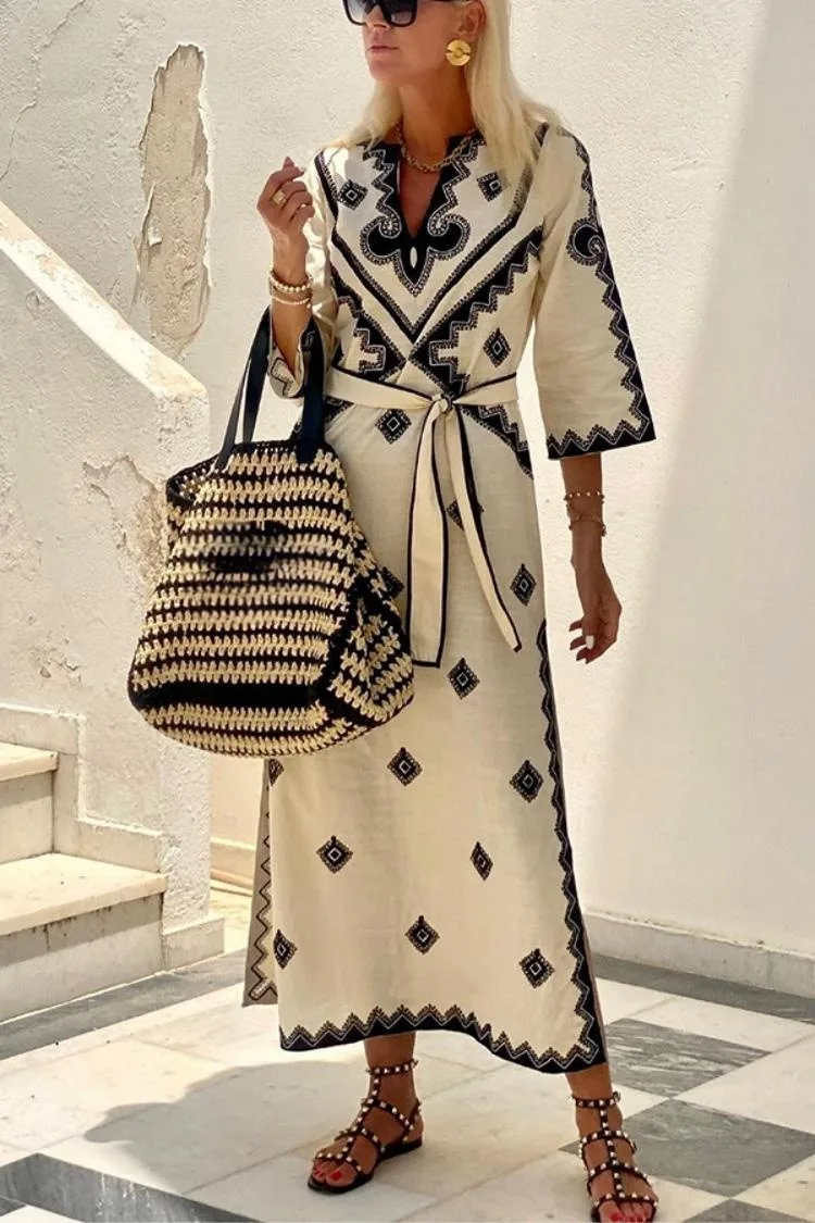 

Fashion Boho Print Lace Up Dress For Woman Elegant V Neck Three-quarter Sleeve Side Split Long Dresses 2024 Spring Summer New