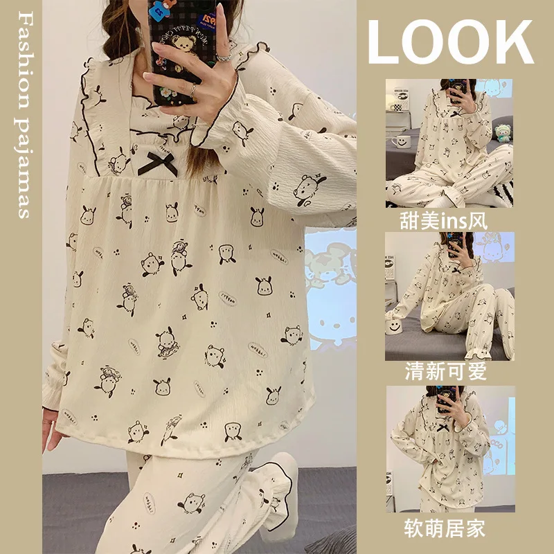 Sanrios Kuromi Cotton Pajamas Set Pochacco Cartoon Casual Spring Autumn Homewear Anime Loose Nightwear Cute Sleepwear Girl Gift