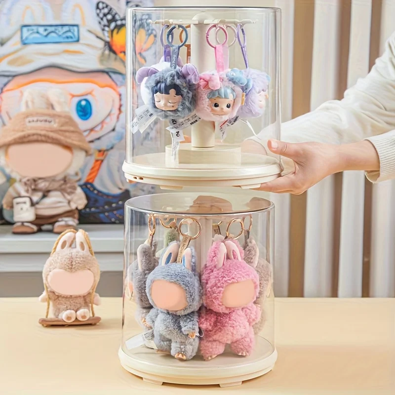360° Rotating Acrylic Display Storage Cabinet for Collectibles Dust-Proof Display Organizer Box with Hanging Hooks for Plush Toy