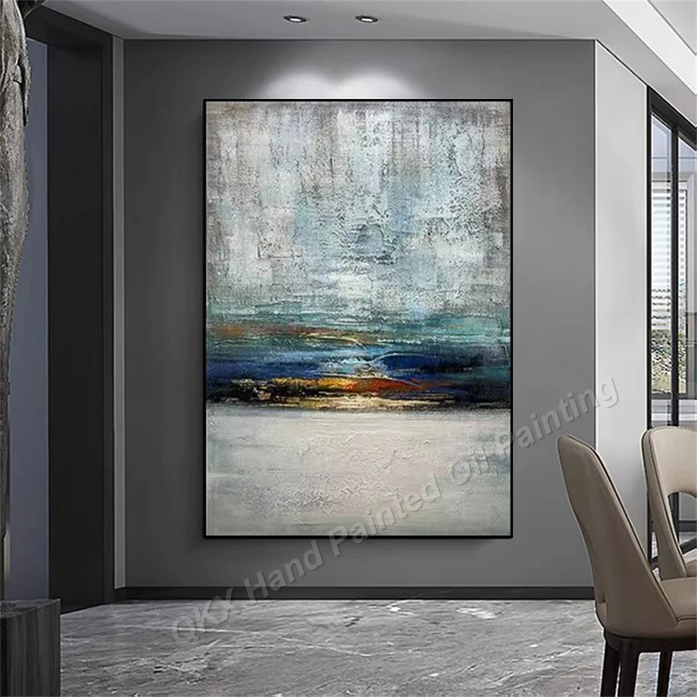 100% Hand-Painted Oil Painting on Canvas Wall Art Decor for Living Room, Impasto Blue Abstract Seascape Vertical Canvas Art