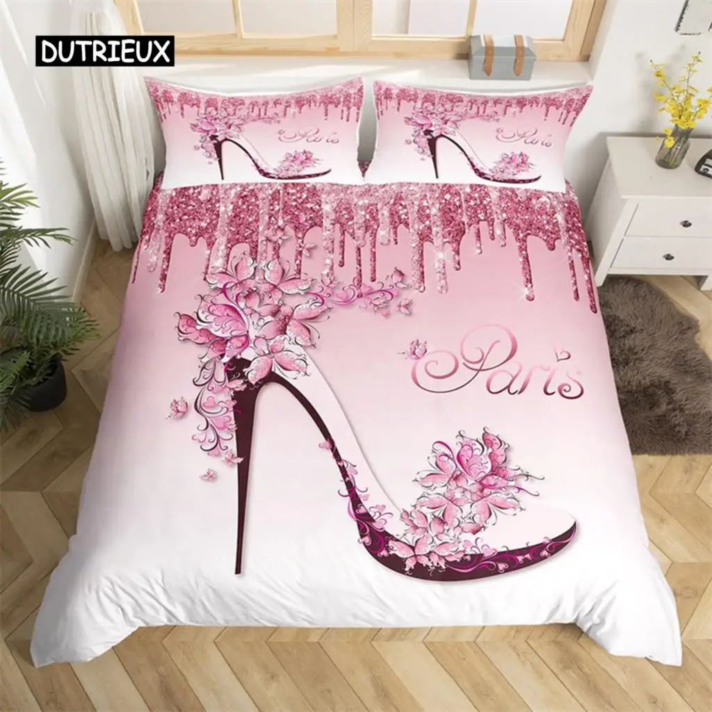 Flower Butterfly High Heels Duvet Cover King Fantasy Glitter Quilt Cover Polyester Romantic Theme Bedding Set Valentine Day Gift