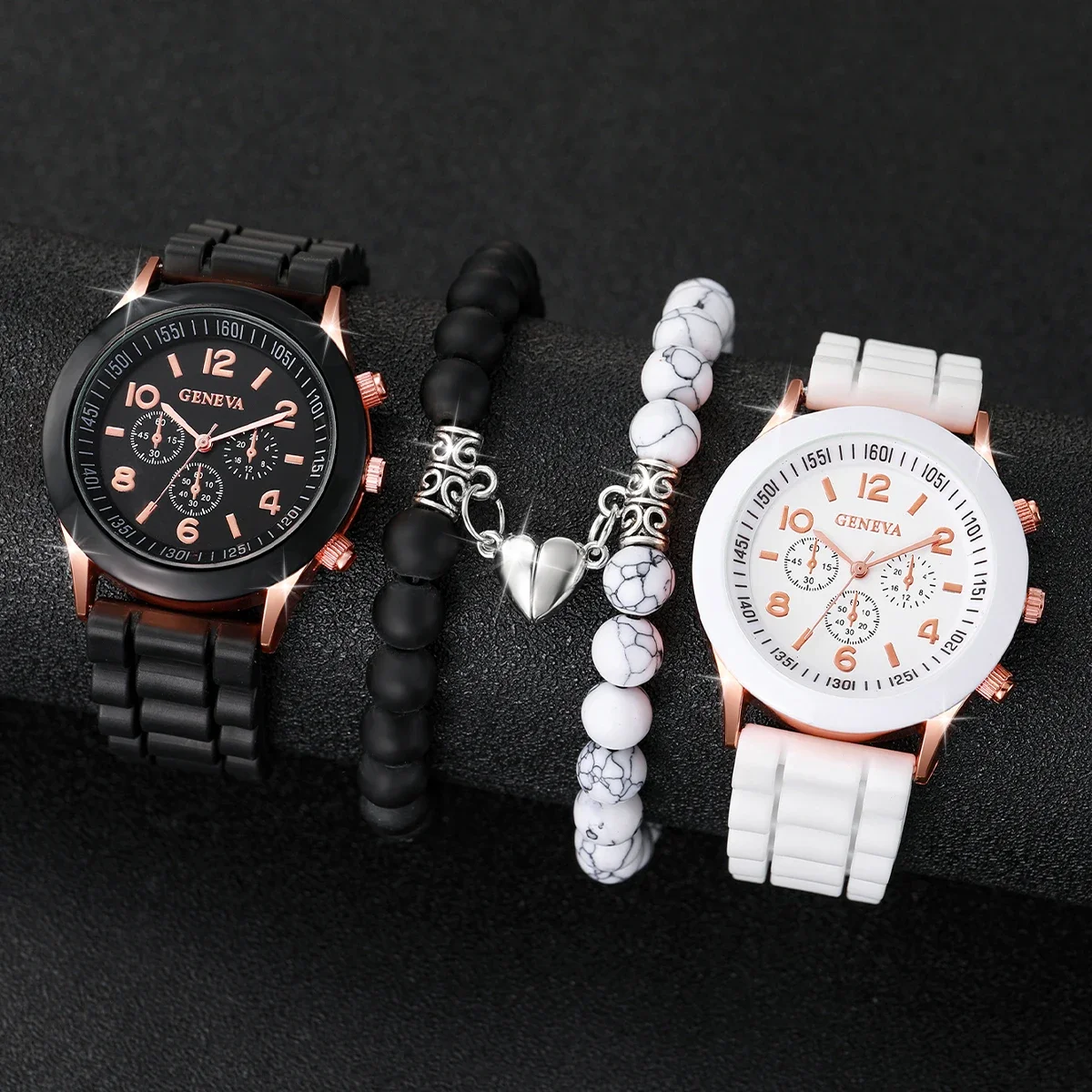 20264Pcs Couple Watch Bracelet Set Geneva Silicone Quartz Wristwatch Matching Heart Bead Bracelets Lover Jewelry Giftwatch