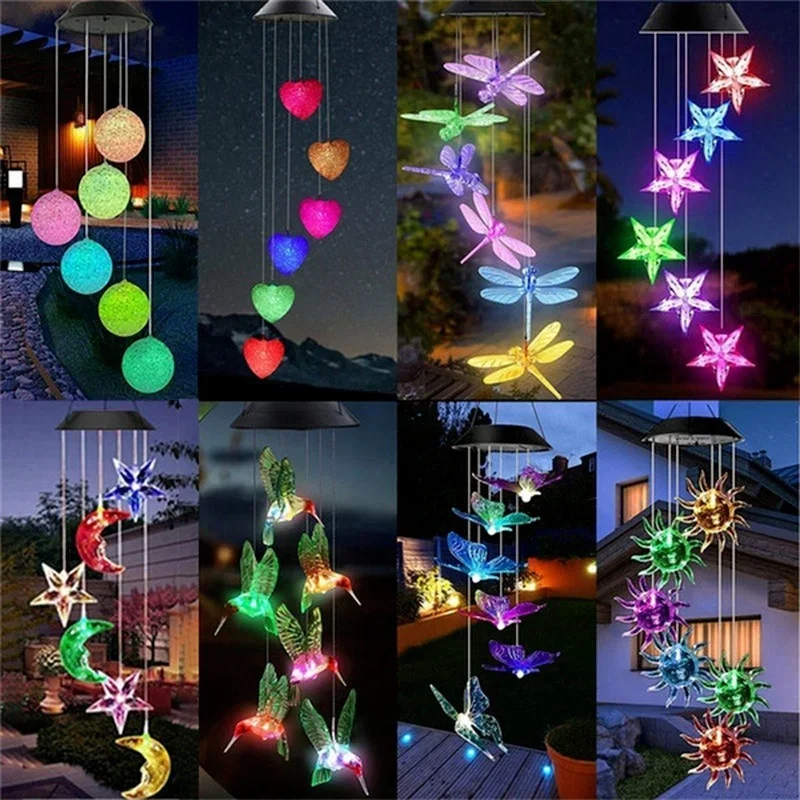 LED Solar Wind Chime Crystal Ball Hummingbird Wind Chime Light Color Changing Waterproof Hanging Solar Light for Home Garden