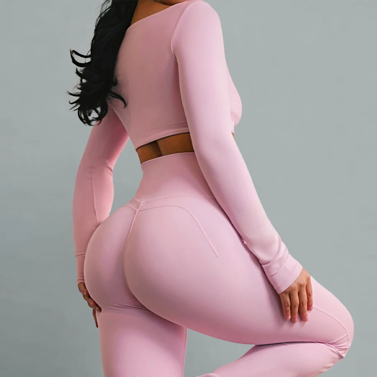 

Women New Fall/Winter Fitness Top Detachable Cup Pleated Solid Color Long-Sleeve Sports Top Woman Wide Collar Crop Top Sexy Yoga