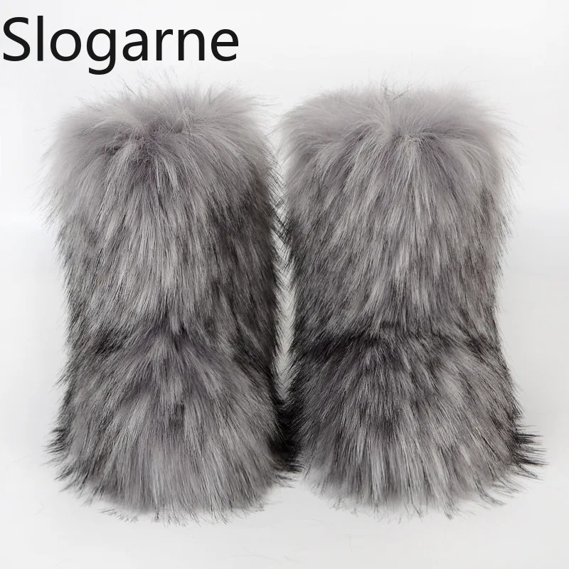 2026 Women Winter Fluffy Fur Boots Woman Furry Snow Boots Plush Warm Outdoor Footwear Girls Luxury Faux Fox Fur Platform Shoes