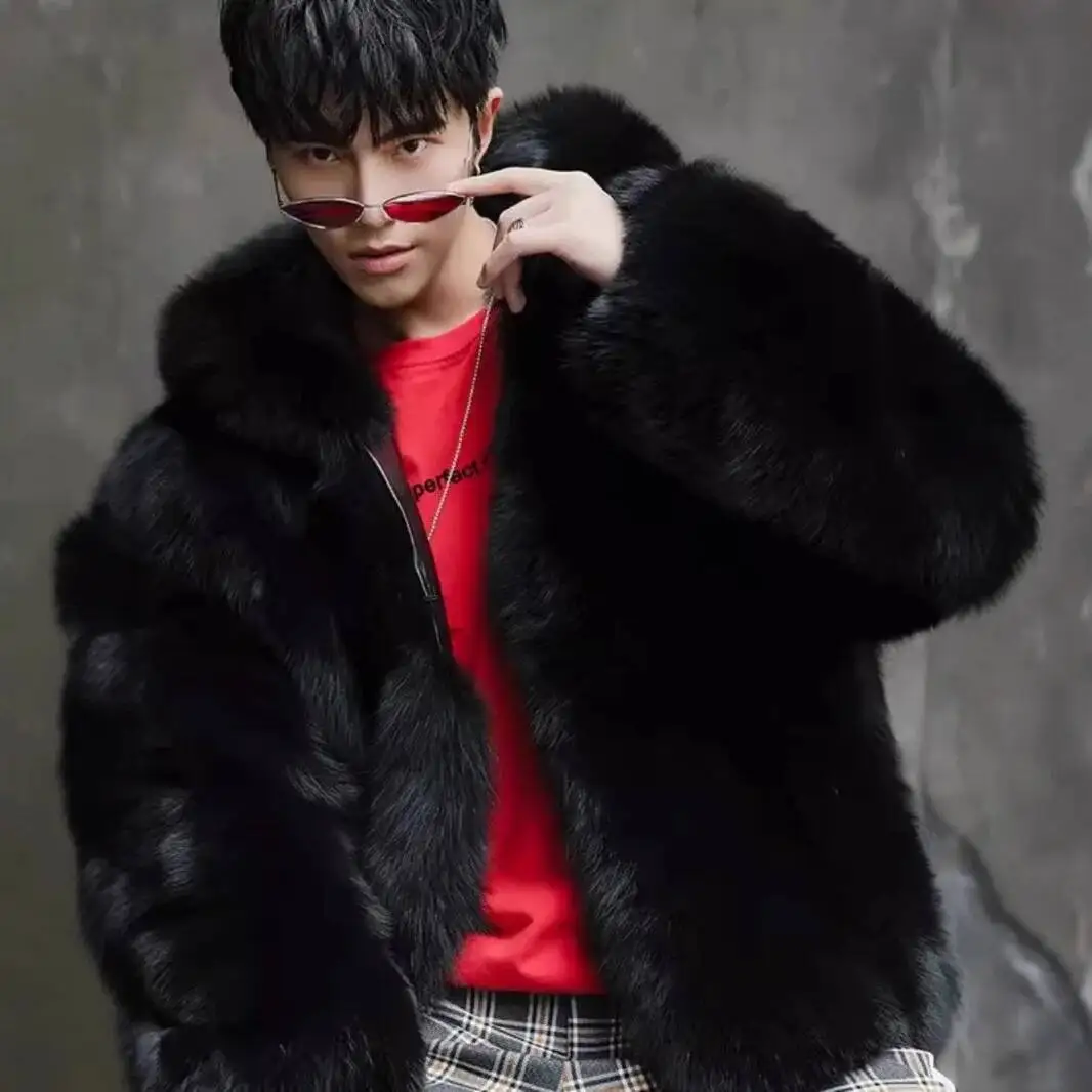 Invierno nueva moda de los hombres de Color sólido Simple básico Casual de moda elegante de lujo de manga larga con capucha abrigos de piel sintética ropa masculina