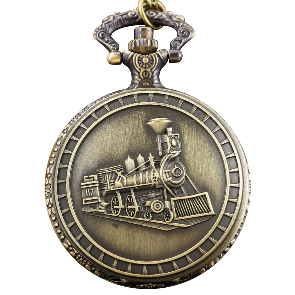 Montre de poche à quartz avec motif de train à vapeur d'exploration en bronze, collier rétro, horloge pendentif, cadeaux pour hommes et femmes, mode