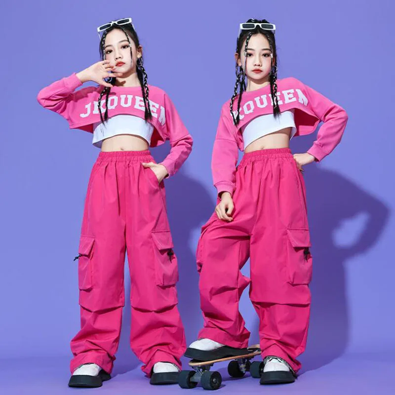 

Kids Street Dance Jazz Stage Costume Hip Hop Girls Crop Tops Rose Sloid Cargo Pants Child Tank Tops Streetwear Clothes Sets