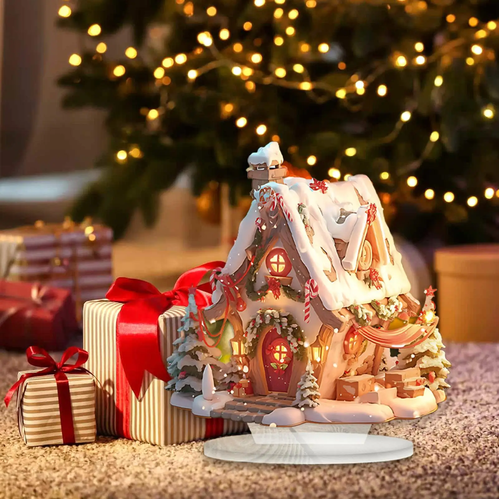 2D Acrylic Cottage Ornament with LED Light Christmas Village Houses Lighted Table Decoration Holiday Party Favors Christmas Gift