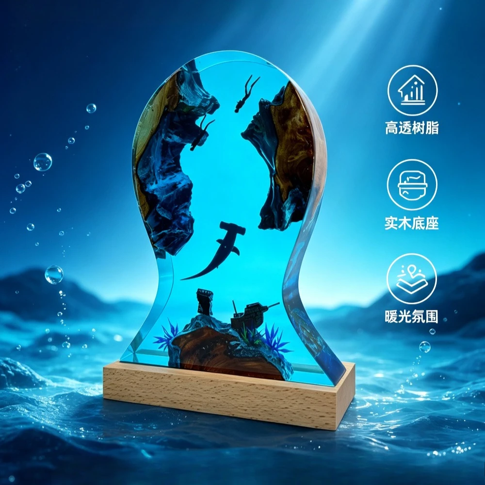 Underwater World Diver Hammer Shark Home Desktop Decoration Crafts Epoxy Resin Sculpture Exquisite Gift