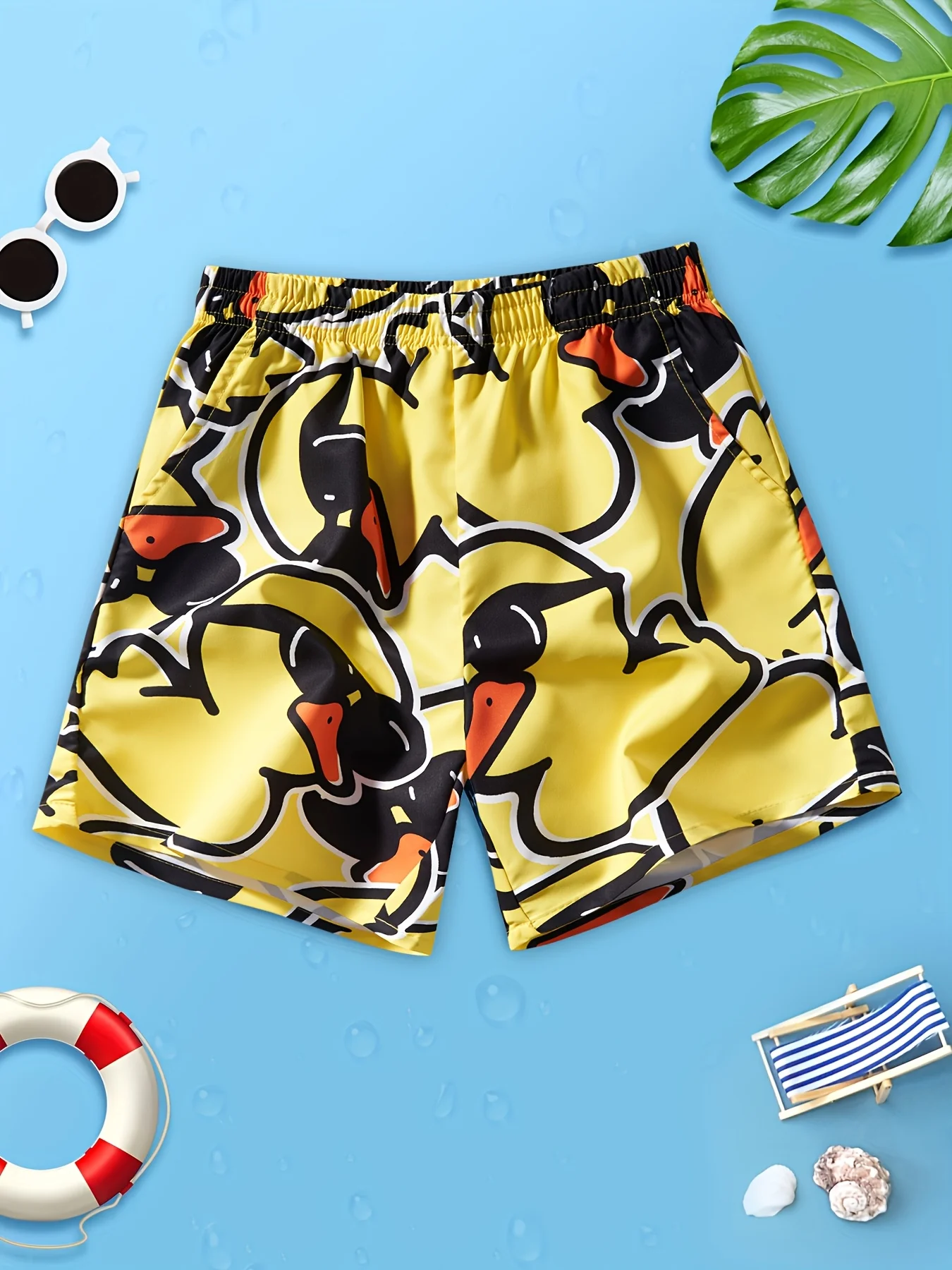 Men's Cool Duck with Sunglasses Print Beach Shorts, Quick Dry Summer Swim Trunks with Pockets, Casual Cartoon Board Shorts