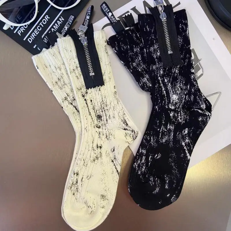 2pair  High Quality Fashion New Design Women Men Zipper Cloth Label Fashionable Socks Autumn Winter Personality Style Splash Ink
