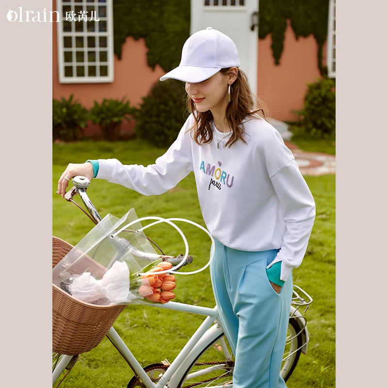 

OLrain Casual Sweatshirts Women 2025 Autumn Loose Contrast Pullover Letter Embroidery Long Sleeve Tops Female Clothes O21QR53208