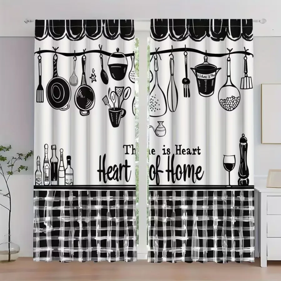2 PCS Black White Kitchen Curtains, Practical Style Window Drapes for Living Room Bedroom Home Decor Polyester Rod Pocket