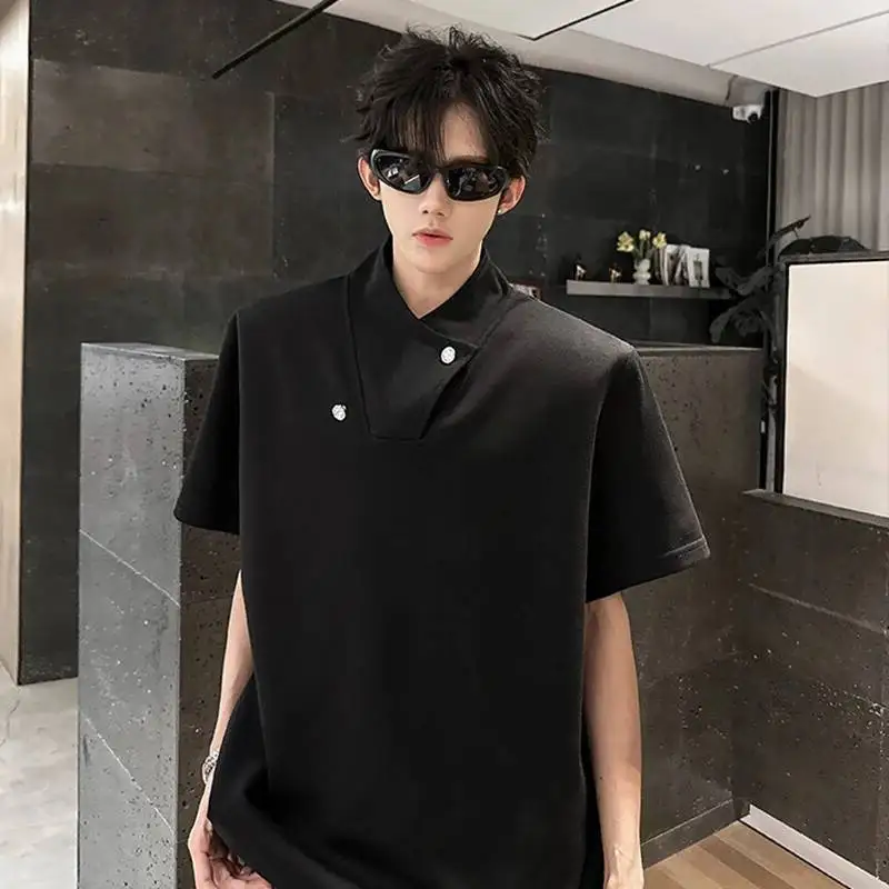 LUZHEN Shoulder 2026 Summer Original Niche Design Cross Collar Pad Short Sleeve T-shirts Men's Trendy Solid Color Clothes JY9155